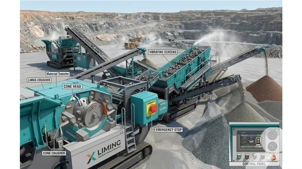 Close up of a mobile cone crusher and screening unit