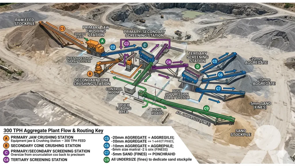 Detailed Technical Description: Overhead drone view of a 300 TPH closed-circuit aggregate plant layout, highlighting the conveyor routing between the primary jaw, secondary cone, and screening stations