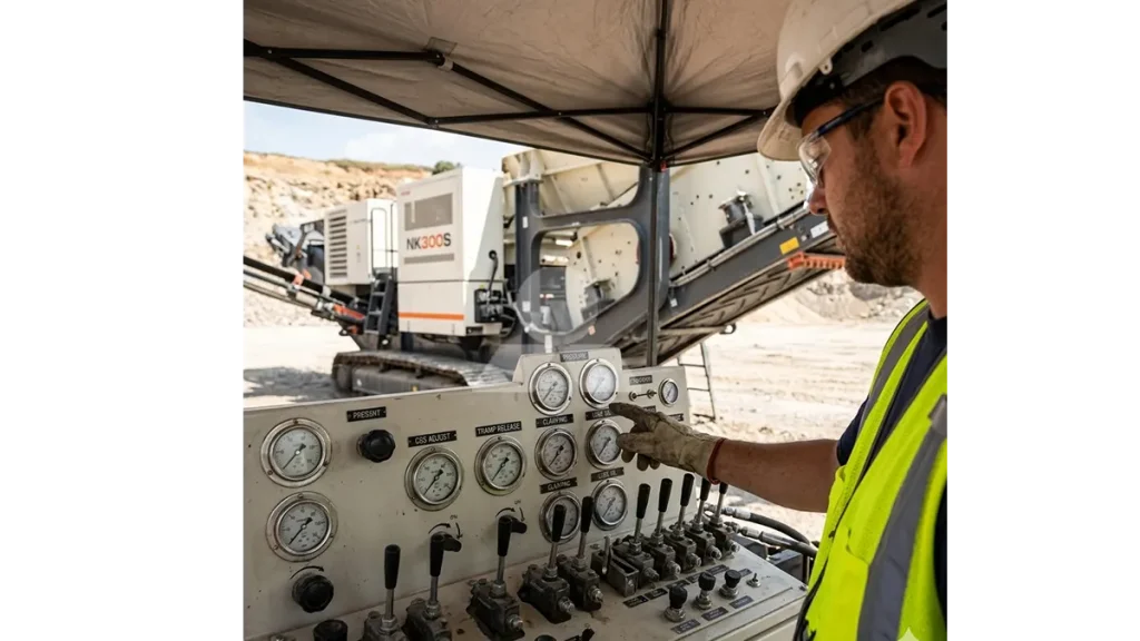 A close-up of an operator inspecting the main hydraulic control panel of the NK300S cone plant under the shade of a canopy, emphasizing the pressure gauges during a grid shift