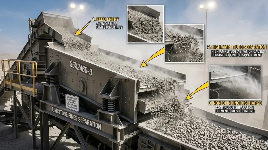 S5X2460-3 vibrating screen operating at high amplitude to separate 6% moisture limestone fines, preventing mesh blinding.
