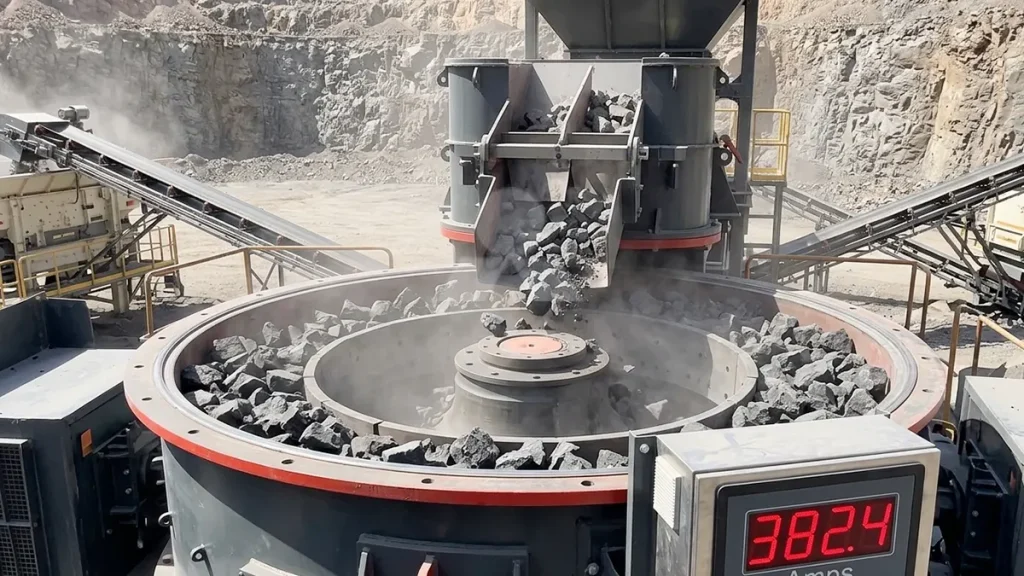 VSI6X1263 operating in Rock-on-Rock configuration at 382.4 Amps, processing high-silica basalt with a 45/55 split flow.