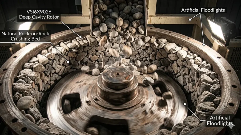 Close-up of the VSI6X9026 deep cavity rotor showing the rock-on-rock crushing bed forming naturally from fractured river rock under artificial floodlights.
