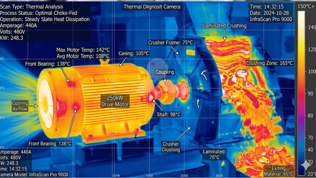 Thermal diagnostic scan of a 250kW drive motor showing steady heat dissipation during optimal choke-fed laminated crushing
