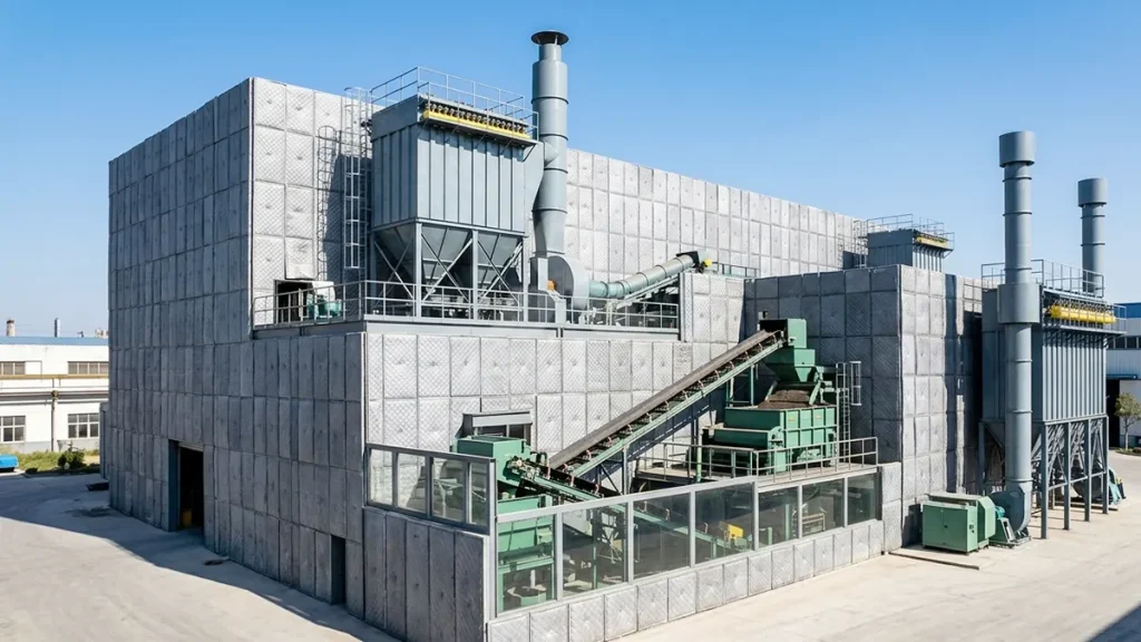 A fully enclosed green sand making plant utilizing pulse bag dust collectors and acoustic walls to ensure zero noise and dust emission