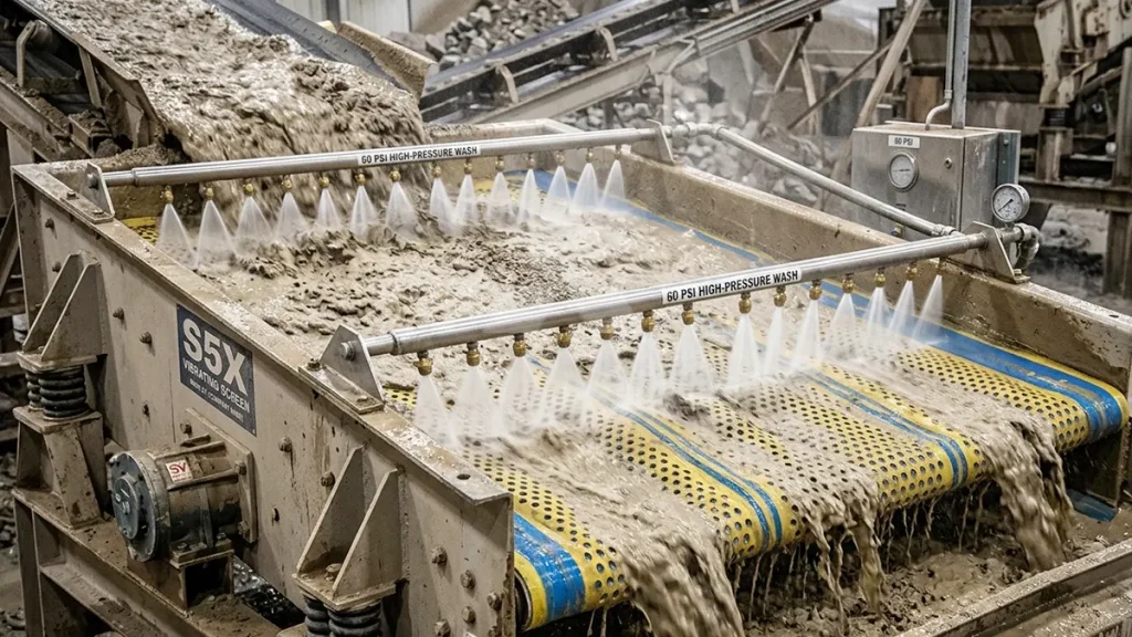 High-pressure 60 PSI water spray bars blasting wet clay through flexible polyurethane screen panels on an S5X vibrating screen.