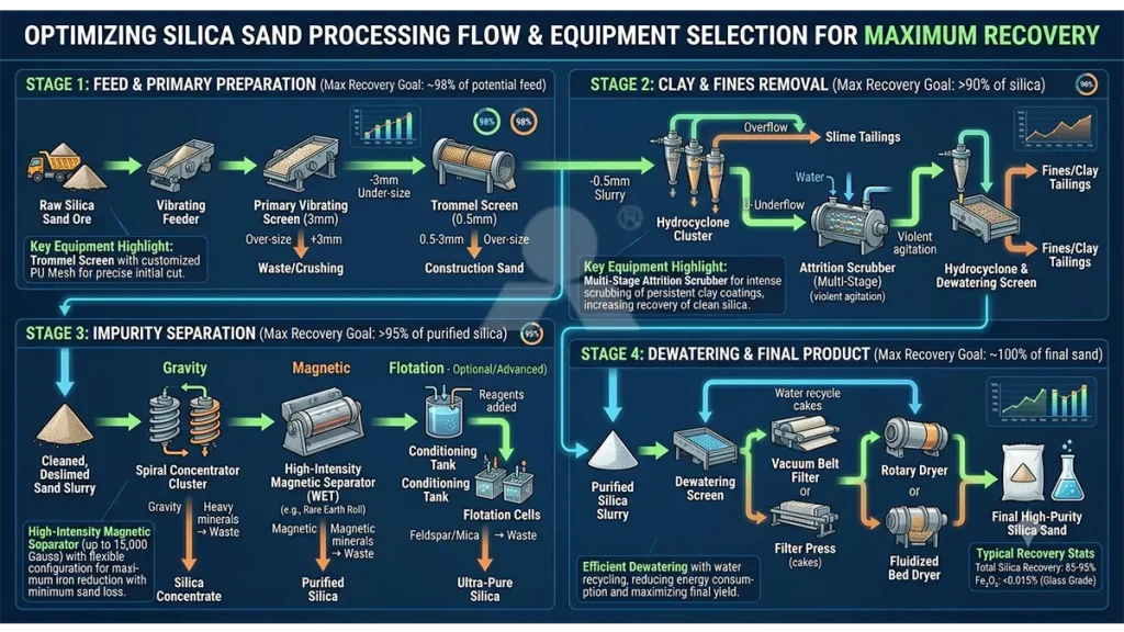Silica Sand Processing Flow & Equipment Selection for Maximum Recovery