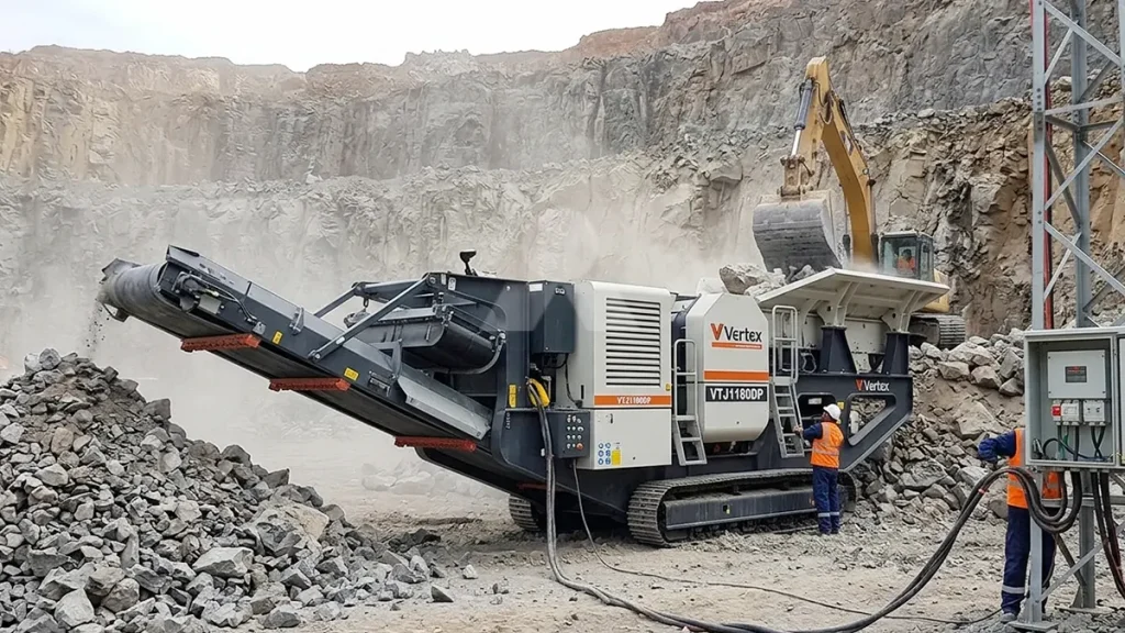 A Vertex VTJ1180DP tracked mobile jaw crusher connected to a high-voltage industrial grid terminal after tramming into position at the quarry blast face