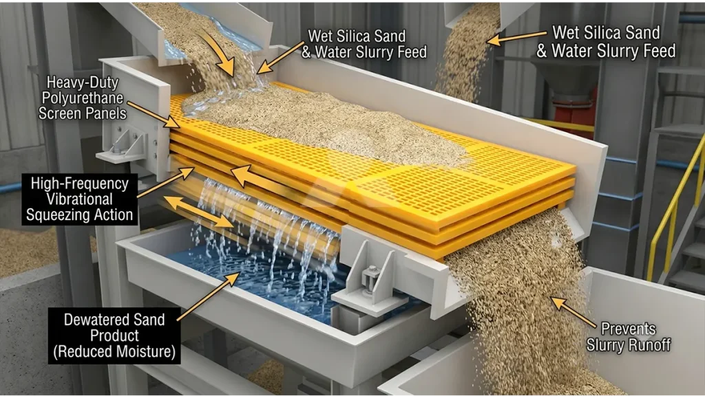 A heavy-duty polyurethane dewatering screen executing high-frequency vibrational squeezing on wet silica sand to prevent slurry runoff.