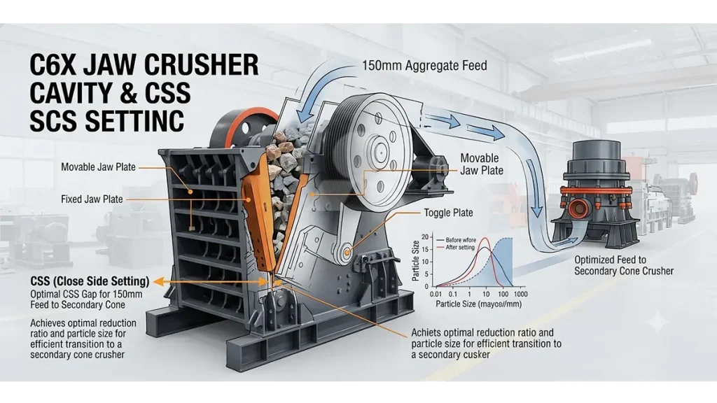 Schematic overlay of a C6X jaw crusher cavity demonstrating the optimal CSS gap required to transition 150mm aggregate efficiently to a secondary cone crusher