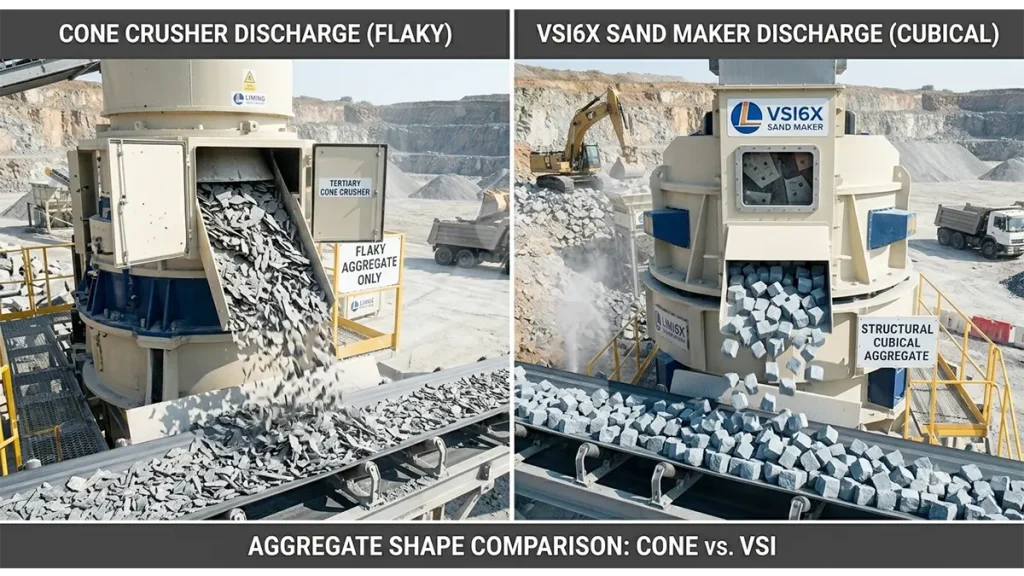 A comparison showing highly flaky aggregate exiting a cone crusher versus perfectly cubical structural aggregate discharging from a VSI6X sand maker.