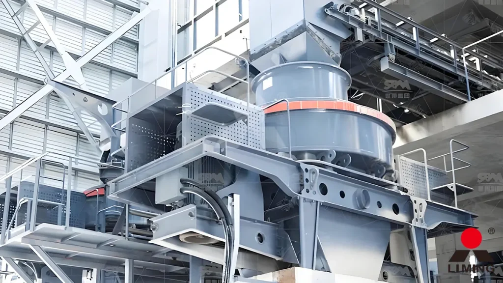 Close up of high quality manufactured sand discharging from a VSI crusher conveyor belt