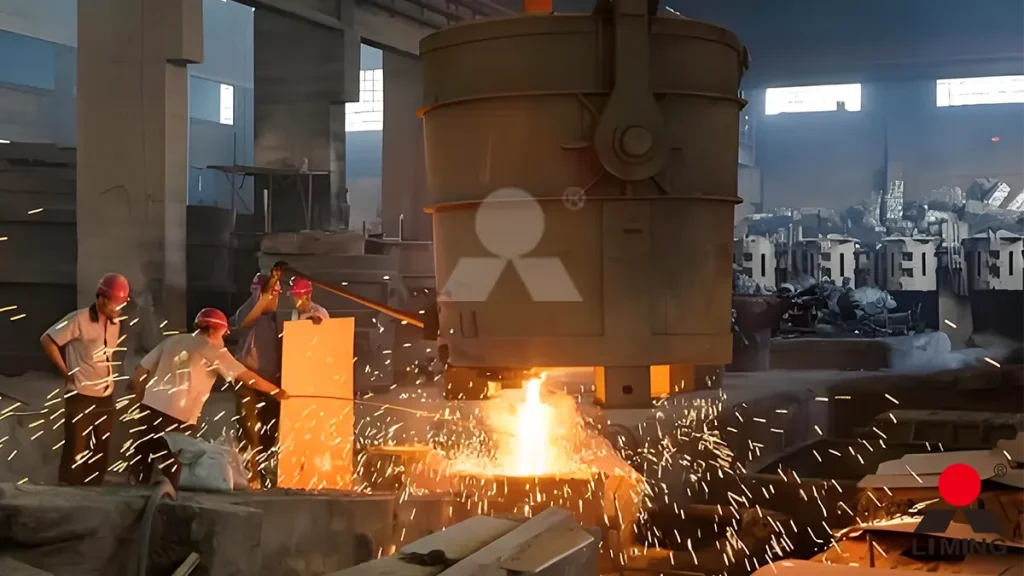 Molten steel being poured in a modern metallurgical refining facility